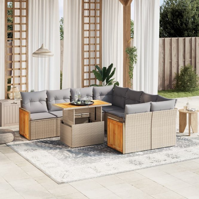 9-tlg. Garten-Sofagarnitur mit Kissen Schwarz Poly Rattan