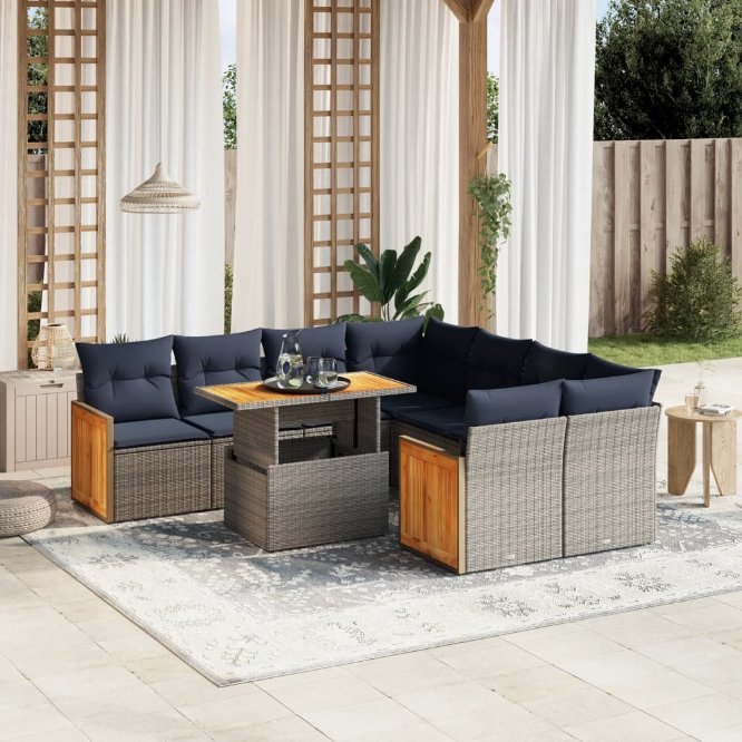 9-tlg. Garten-Sofagarnitur mit Kissen Schwarz Poly Rattan
