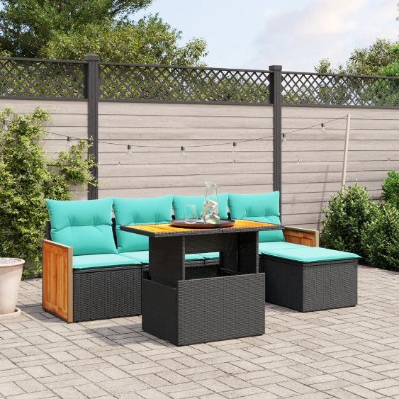 6-tlg. Garten-Sofagarnitur mit Kissen Schwarz Poly Rattan