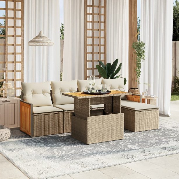 6-tlg. Garten-Sofagarnitur mit Kissen Schwarz Poly Rattan