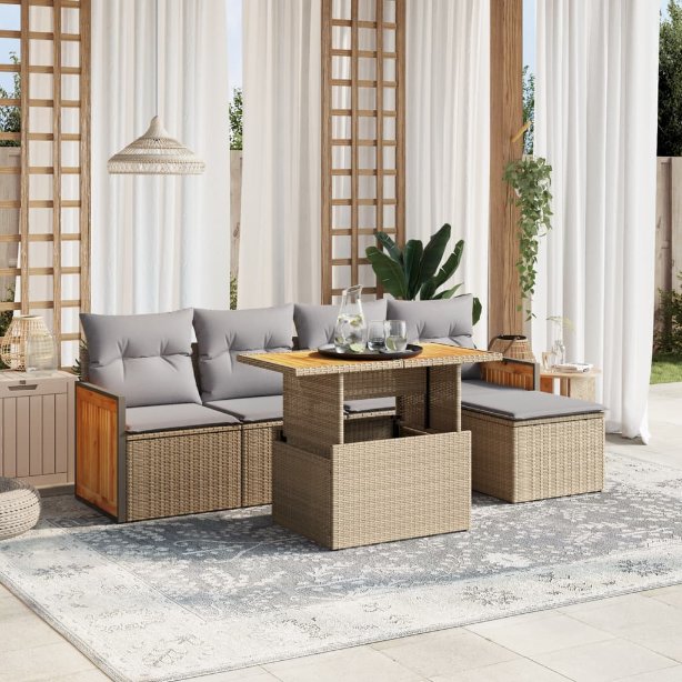 6-tlg. Garten-Sofagarnitur mit Kissen Schwarz Poly Rattan