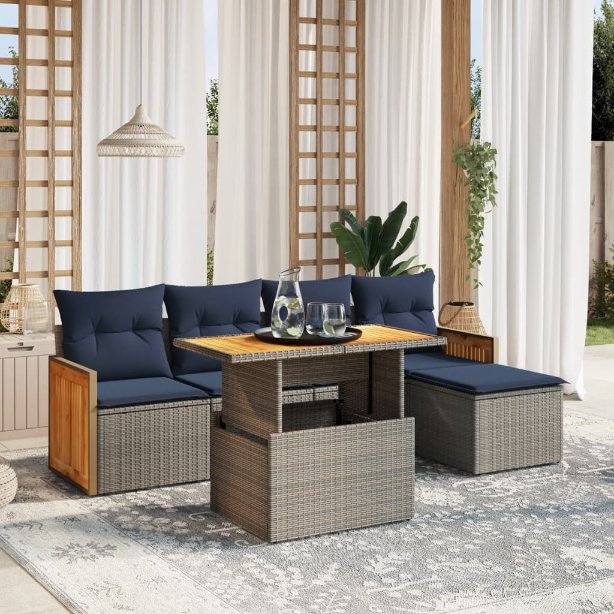 6-tlg. Garten-Sofagarnitur mit Kissen Schwarz Poly Rattan