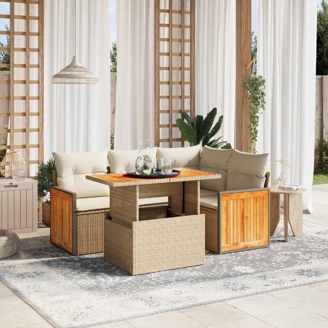 5-tlg. Garten-Sofagarnitur mit Kissen Schwarz Poly Rattan