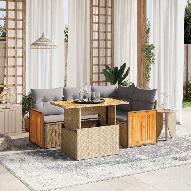 5-tlg. Garten-Sofagarnitur mit Kissen Schwarz Poly Rattan