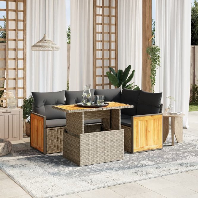 5-tlg. Garten-Sofagarnitur mit Kissen Schwarz Poly Rattan