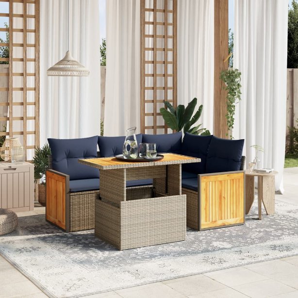 5-tlg. Garten-Sofagarnitur mit Kissen Schwarz Poly Rattan