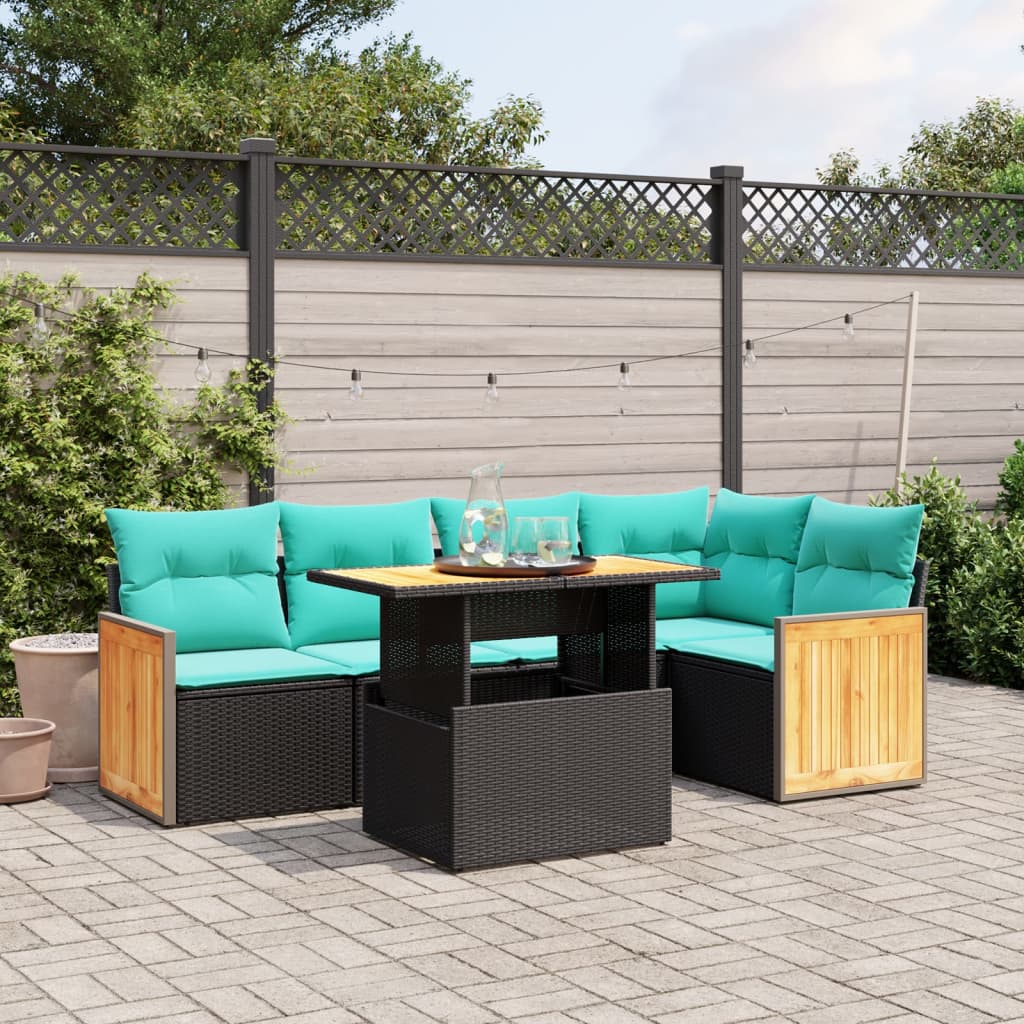 6-tlg. Garten-Sofagarnitur mit Kissen Schwarz Poly Rattan