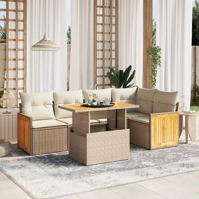 6-tlg. Garten-Sofagarnitur mit Kissen Schwarz Poly Rattan