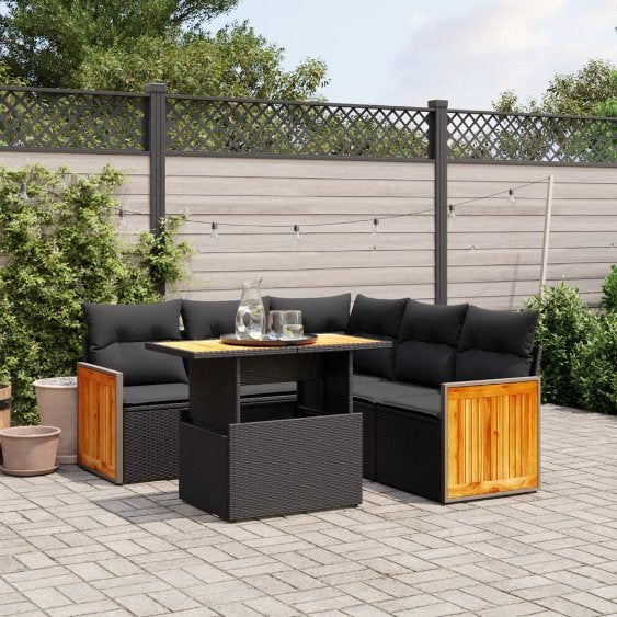 6-tlg. Garten-Sofagarnitur mit Kissen Schwarz Poly Rattan