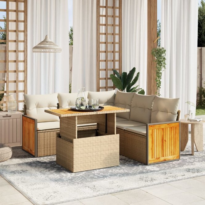 6-tlg. Garten-Sofagarnitur mit Kissen Schwarz Poly Rattan