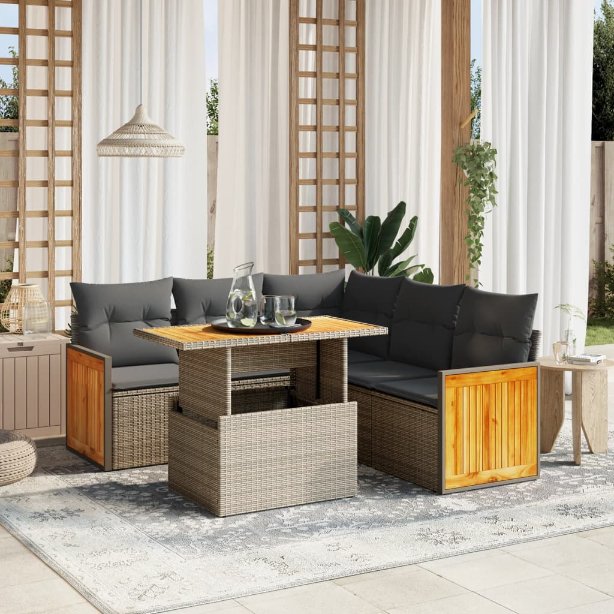 6-tlg. Garten-Sofagarnitur mit Kissen Schwarz Poly Rattan