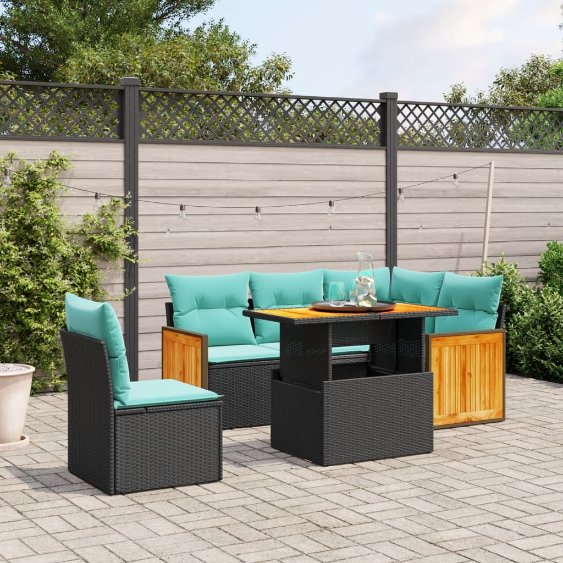6-tlg. Garten-Sofagarnitur mit Kissen Schwarz Poly Rattan