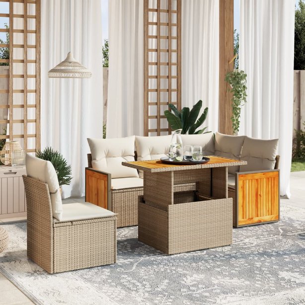 6-tlg. Garten-Sofagarnitur mit Kissen Schwarz Poly Rattan