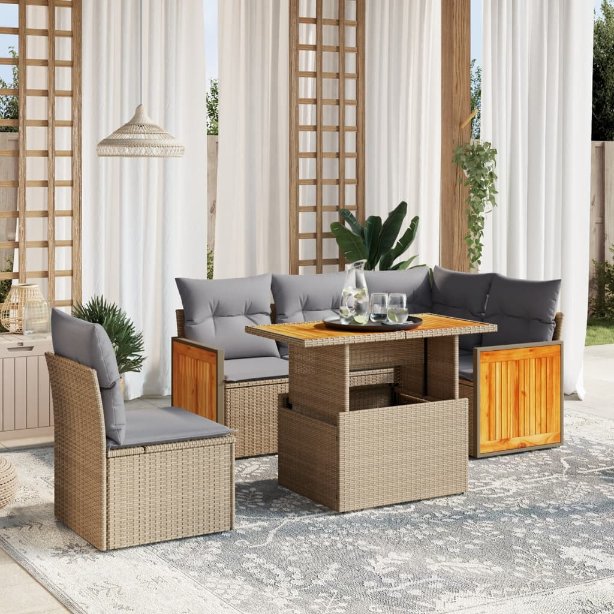 6-tlg. Garten-Sofagarnitur mit Kissen Schwarz Poly Rattan