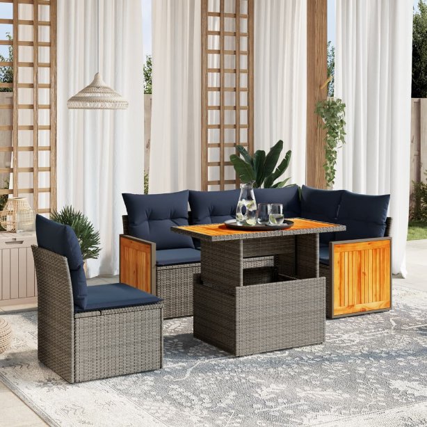 6-tlg. Garten-Sofagarnitur mit Kissen Schwarz Poly Rattan