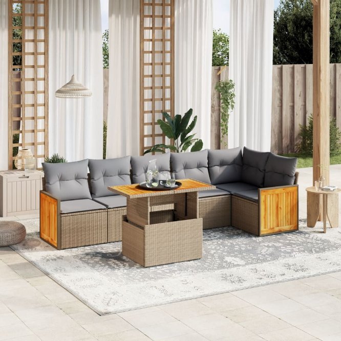 7-tlg. Garten-Sofagarnitur mit Kissen Schwarz Poly Rattan