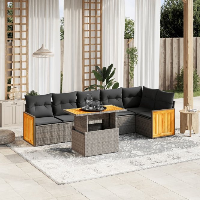 7-tlg. Garten-Sofagarnitur mit Kissen Schwarz Poly Rattan