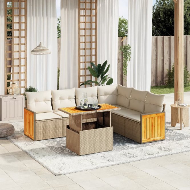 7-tlg. Garten-Sofagarnitur mit Kissen Schwarz Poly Rattan