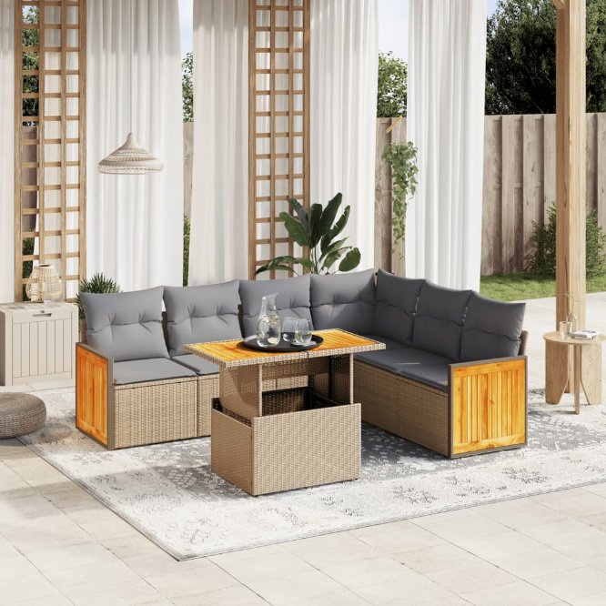 7-tlg. Garten-Sofagarnitur mit Kissen Schwarz Poly Rattan