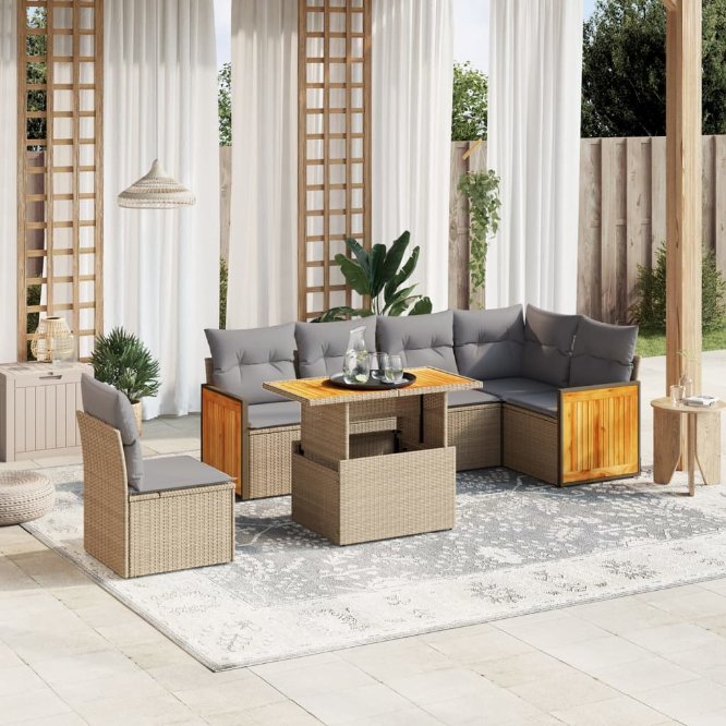 7-tlg. Garten-Sofagarnitur mit Kissen Schwarz Poly Rattan