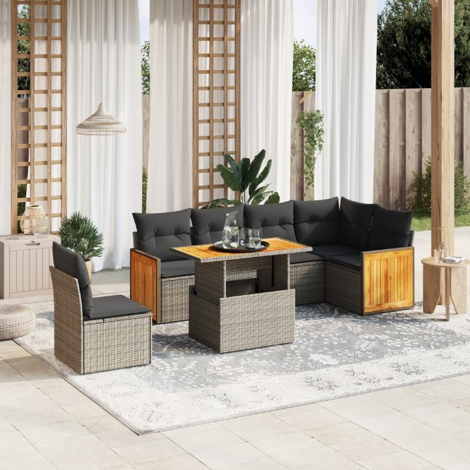 7-tlg. Garten-Sofagarnitur mit Kissen Schwarz Poly Rattan