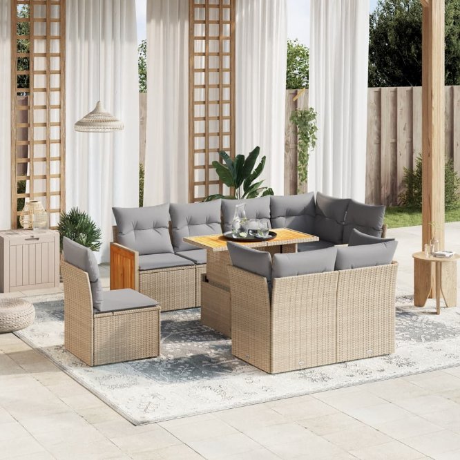 9-tlg. Garten-Sofagarnitur mit Kissen Schwarz Poly Rattan