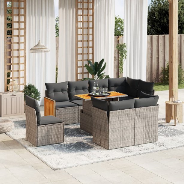 9-tlg. Garten-Sofagarnitur mit Kissen Schwarz Poly Rattan