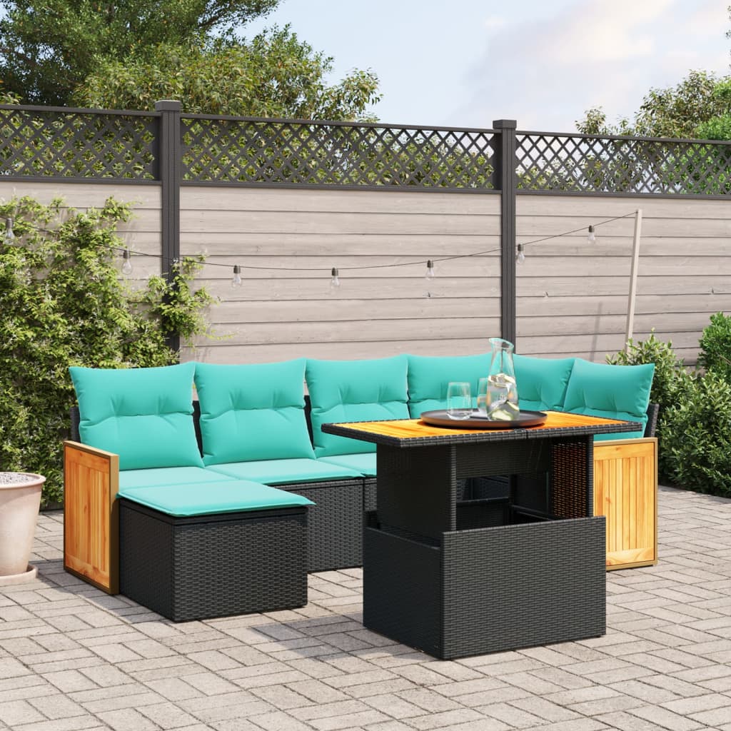7-tlg. Garten-Sofagarnitur mit Kissen Schwarz Poly Rattan
