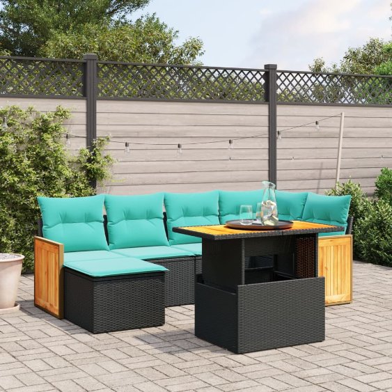 7-tlg. Garten-Sofagarnitur mit Kissen Schwarz Poly Rattan