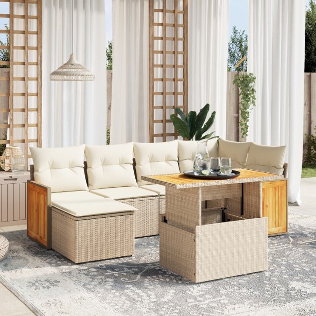 7-tlg. Garten-Sofagarnitur mit Kissen Schwarz Poly Rattan