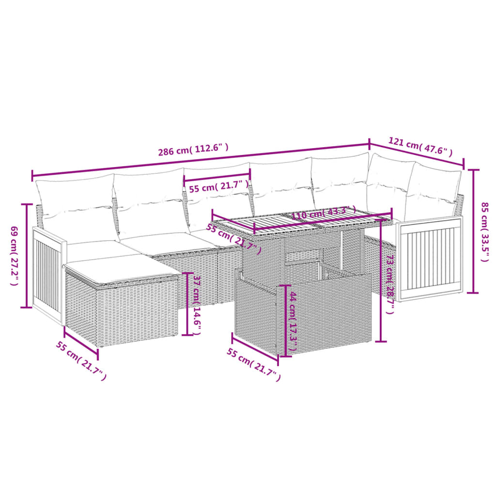 8-tlg. Garten-Sofagarnitur mit Kissen Schwarz Poly Rattan