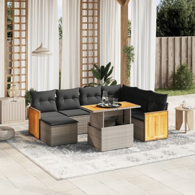 8-tlg. Garten-Sofagarnitur mit Kissen Schwarz Poly Rattan