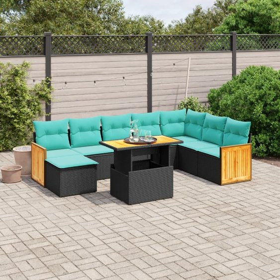 9-tlg. Garten-Sofagarnitur mit Kissen Schwarz Poly Rattan