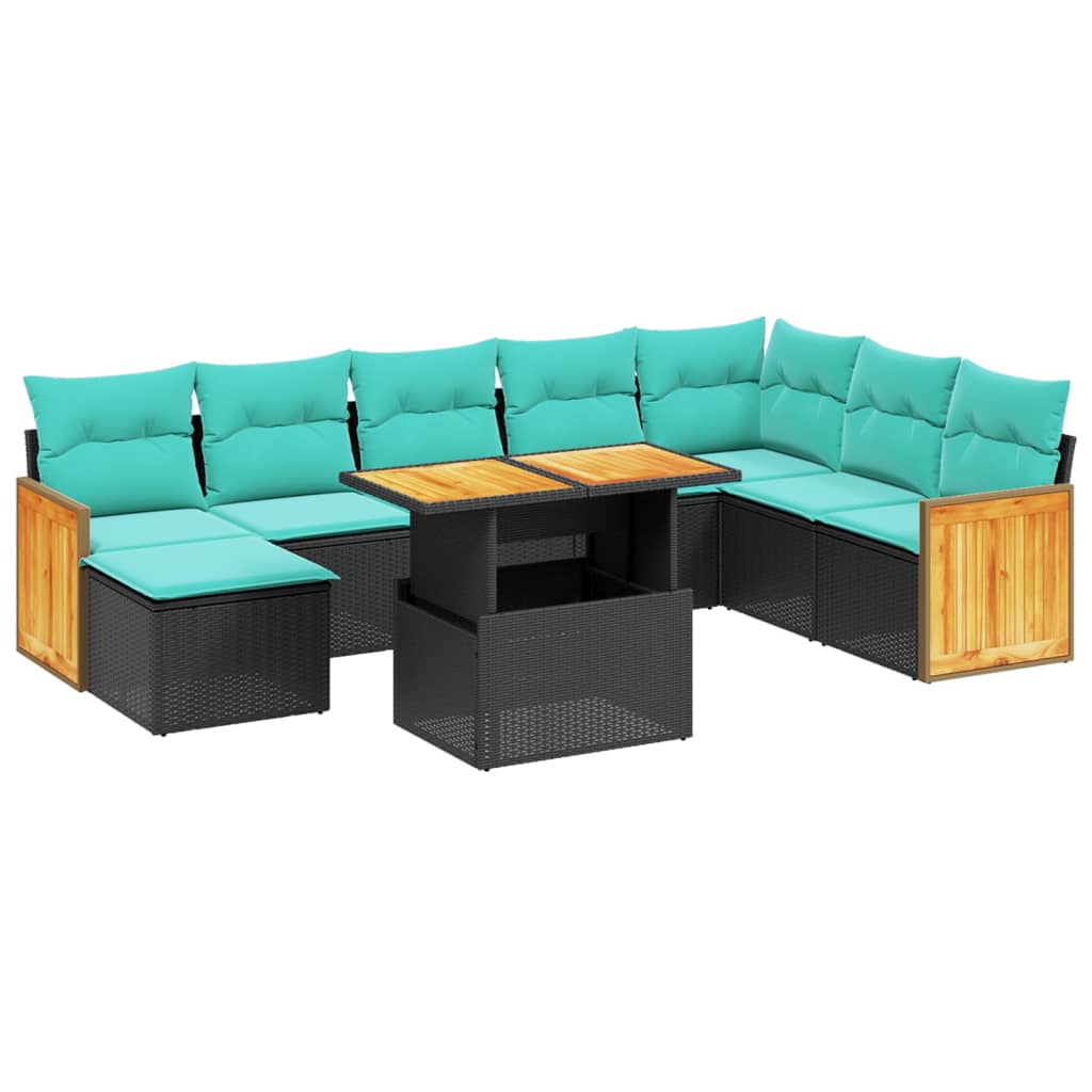 9-tlg. Garten-Sofagarnitur mit Kissen Schwarz Poly Rattan