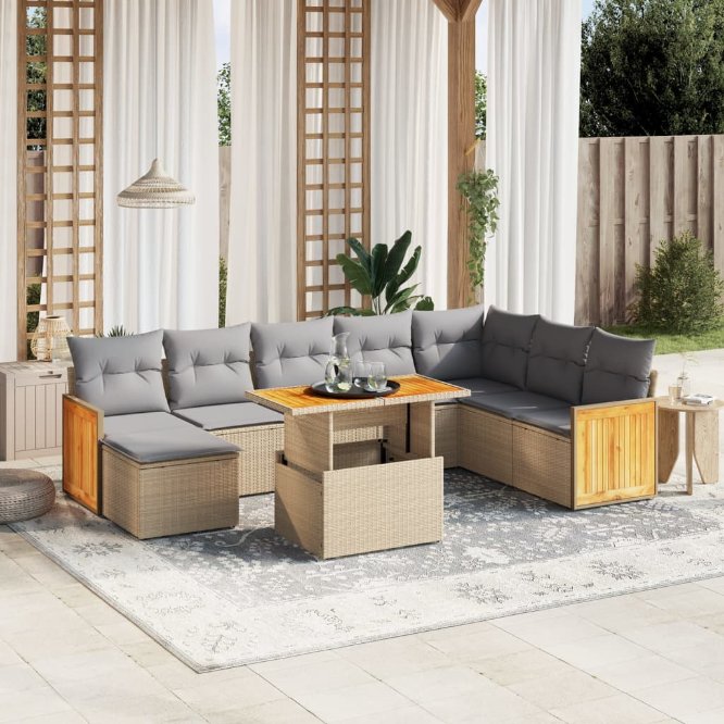 9-tlg. Garten-Sofagarnitur mit Kissen Schwarz Poly Rattan