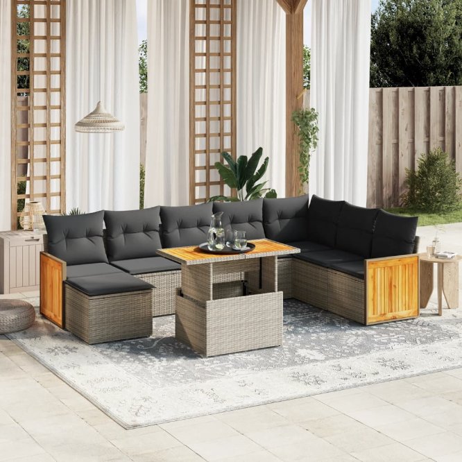 9-tlg. Garten-Sofagarnitur mit Kissen Schwarz Poly Rattan