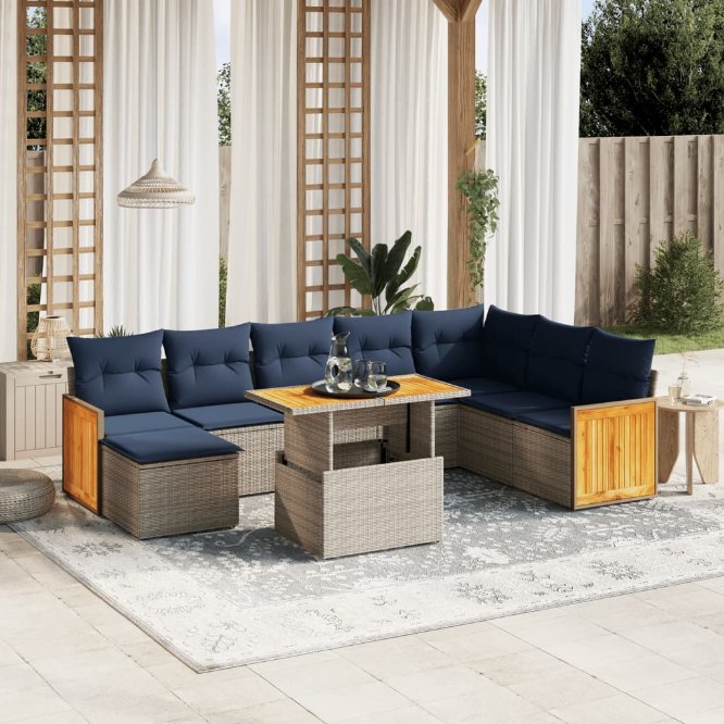 9-tlg. Garten-Sofagarnitur mit Kissen Schwarz Poly Rattan