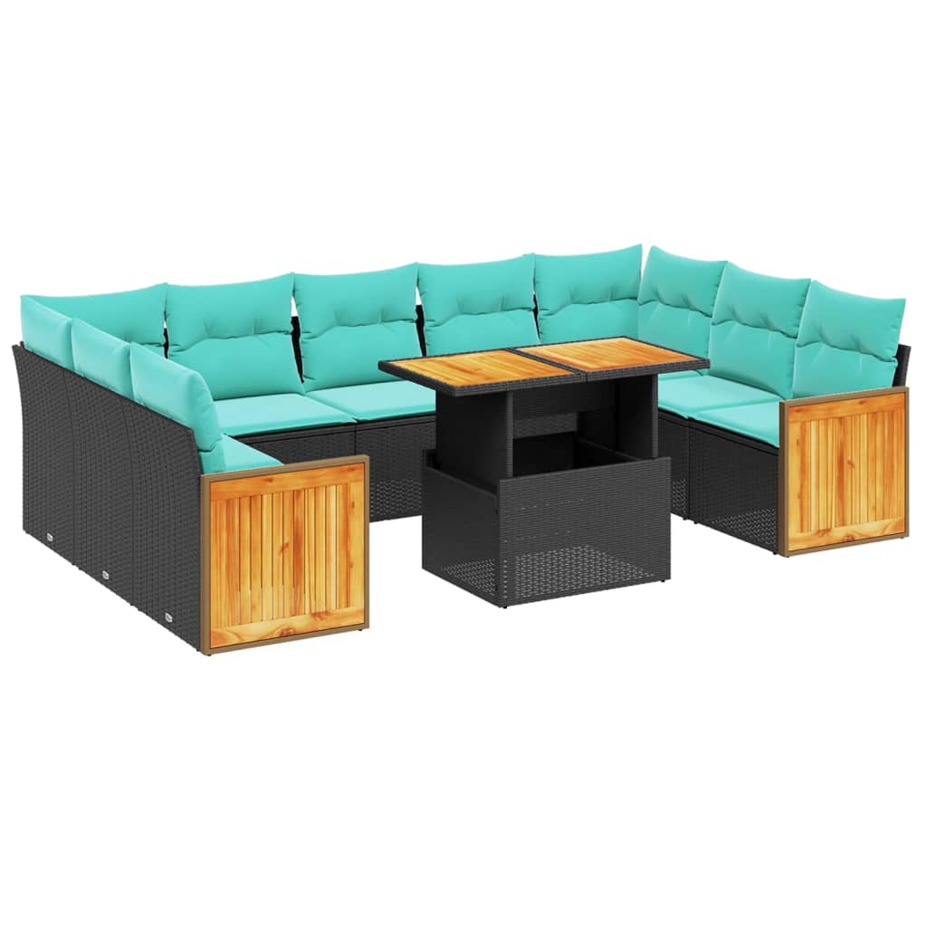 vidaXL 10-tlg. Garten-Sofagarnitur mit Kissen Schwarz Poly Rattan