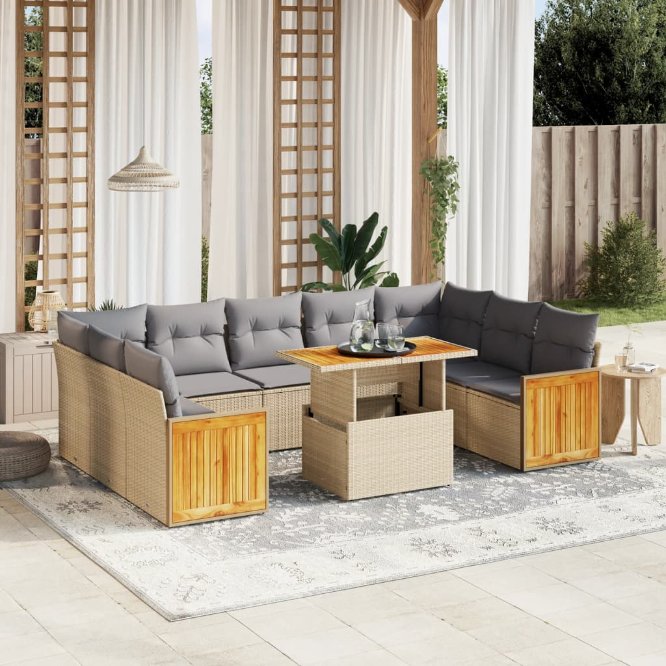 vidaXL 10-tlg. Garten-Sofagarnitur mit Kissen Schwarz Poly Rattan