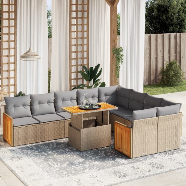 vidaXL 10-tlg. Garten-Sofagarnitur mit Kissen Schwarz Poly Rattan