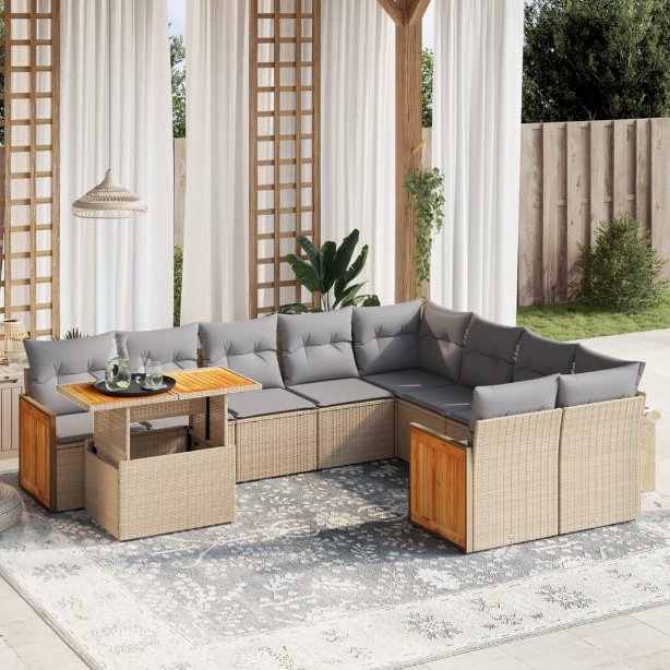 vidaXL 10-tlg. Garten-Sofagarnitur mit Kissen Schwarz Poly Rattan