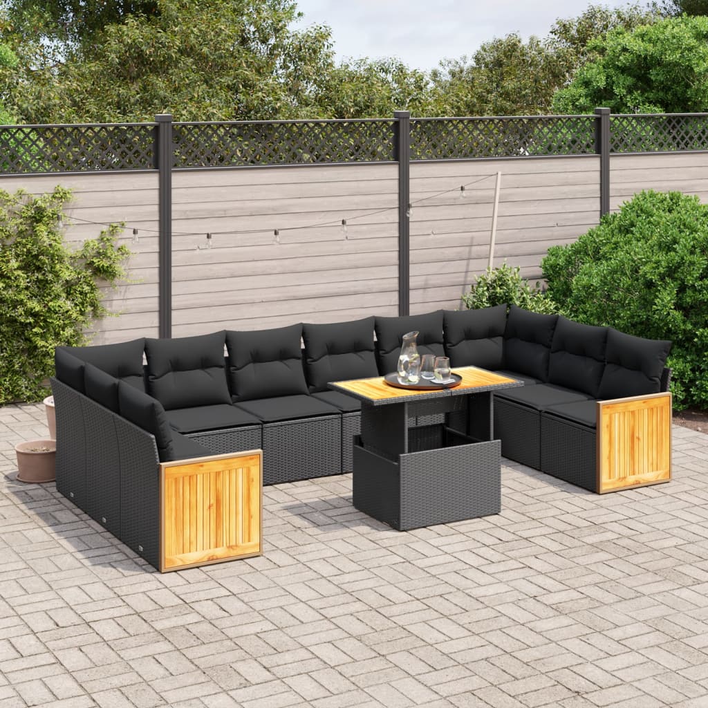 vidaXL 11-tlg. Garten-Sofagarnitur mit Kissen Schwarz Poly Rattan