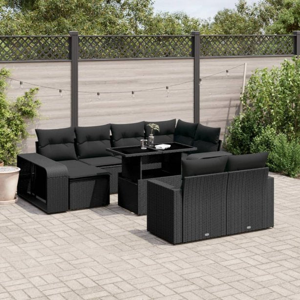 vidaXL 11-tlg. Garten-Sofagarnitur mit Kissen Schwarz Poly Rattan