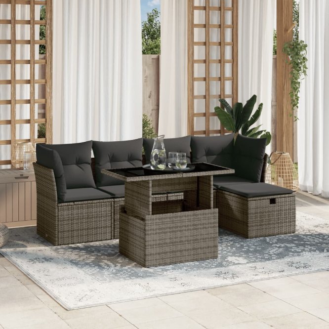 6-tlg. Garten-Sofagarnitur mit Kissen Schwarz Poly Rattan