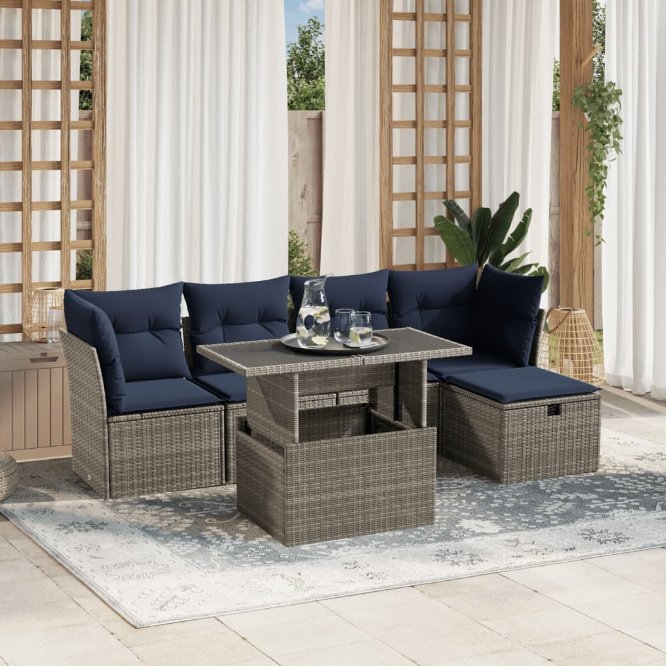 6-teiliges Gartensofa-Set mit Kissen, schwarzes Polyrattan