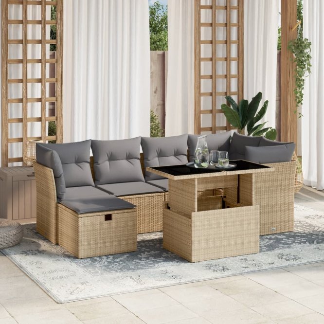 7-tlg. Garten-Sofagarnitur mit Kissen Schwarz Poly Rattan
