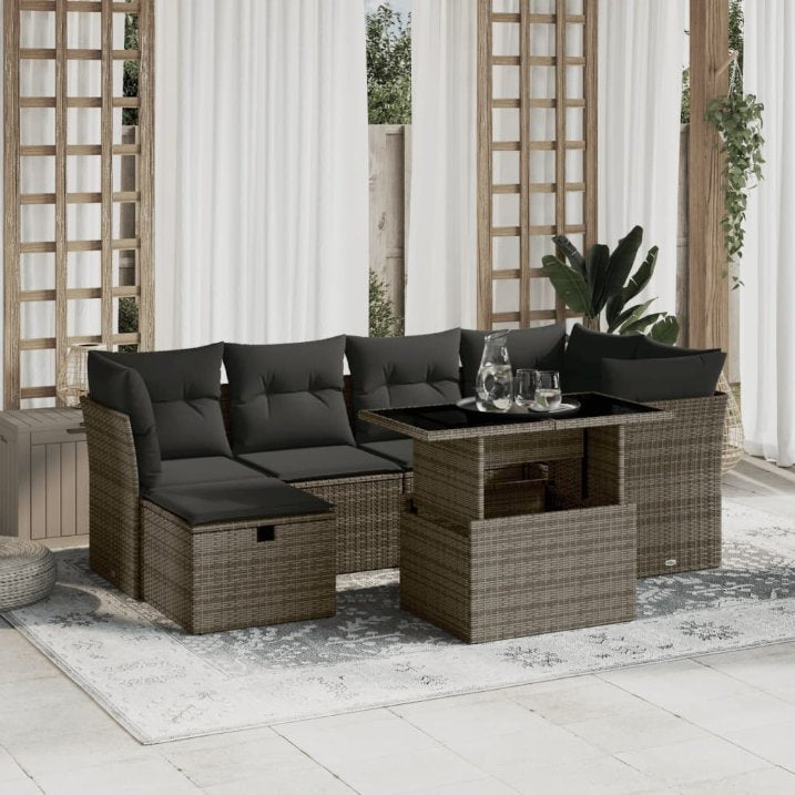 7-tlg. Garten-Sofagarnitur mit Kissen Schwarz Poly Rattan