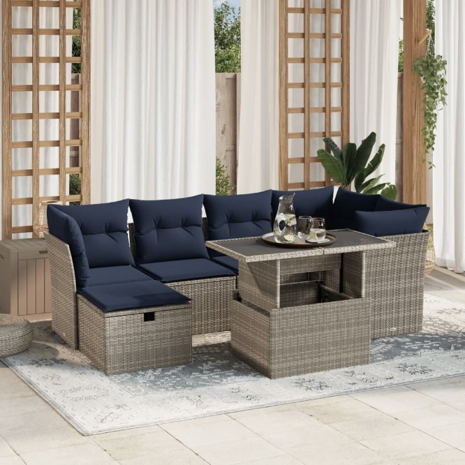 7-teiliges Gartensofa-Set mit Kissen, schwarzes Polyrattan
