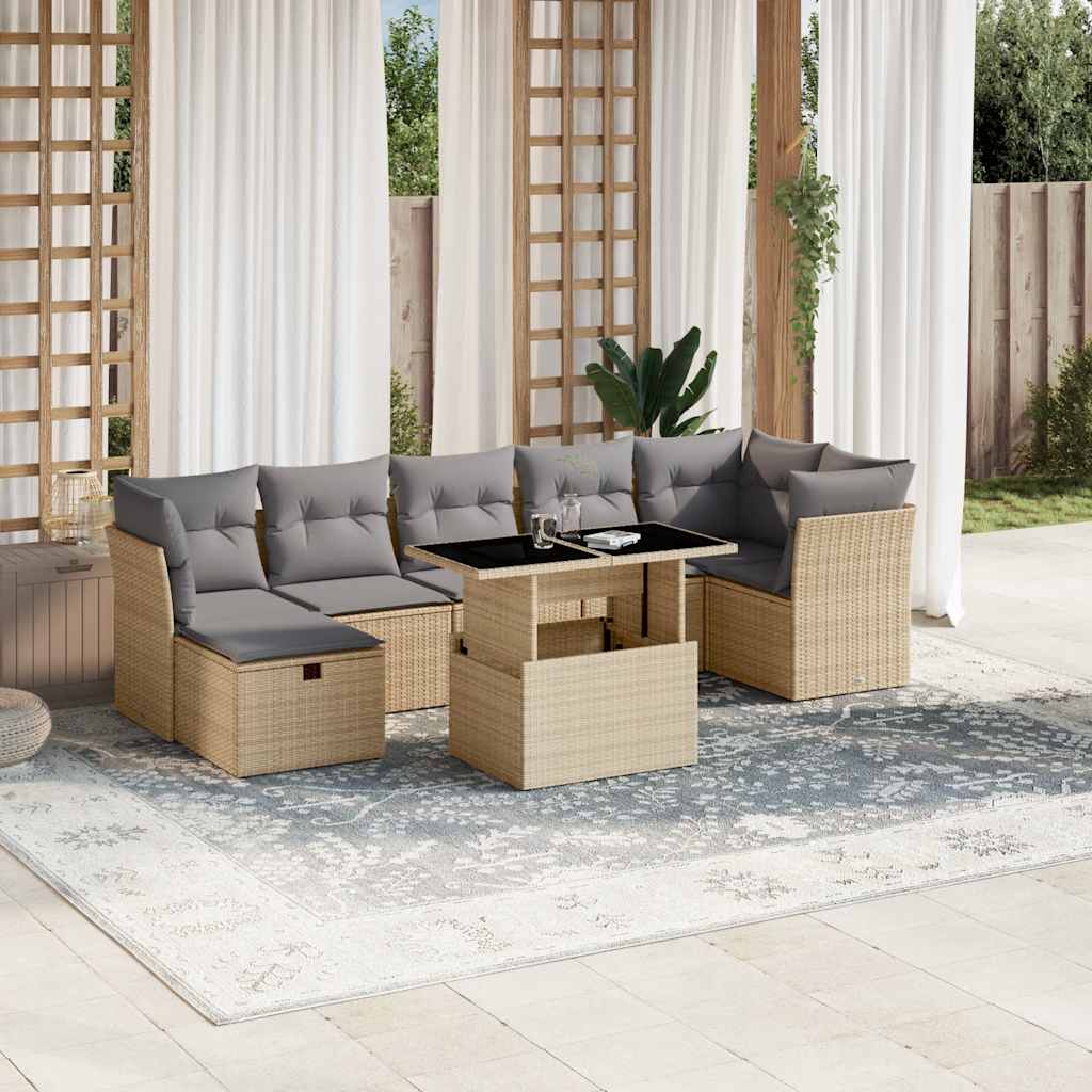 8-tlg. Garten-Sofagarnitur mit Kissen Schwarz Poly Rattan