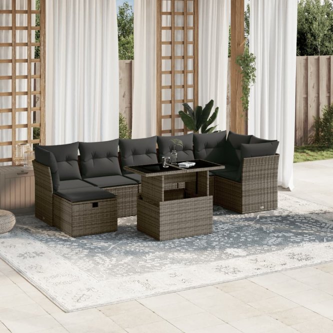 8-tlg. Garten-Sofagarnitur mit Kissen Schwarz Poly Rattan